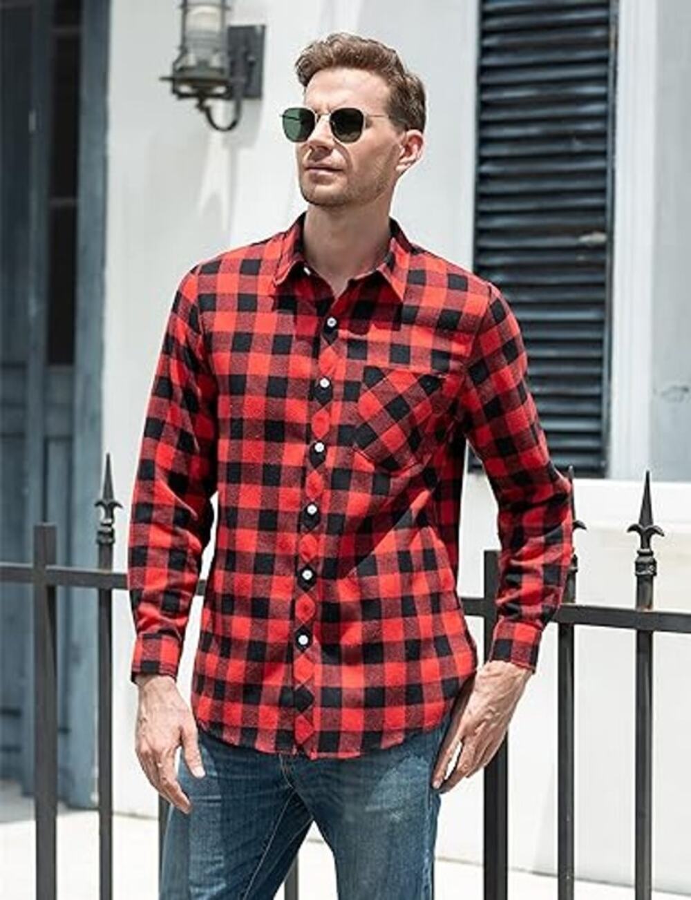SANGTREE Men Long Sleeve Flannel Plaid Casual Shirts Red/Black- Med - NWT & NIP